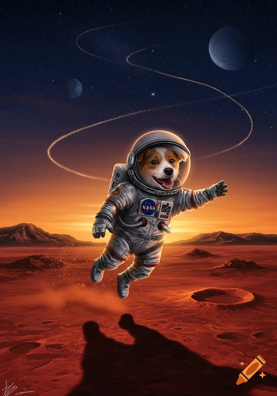 A happy dog in a NASA astronaut suit floats over the red Martian landscape under a starry sky, stylized illustration.