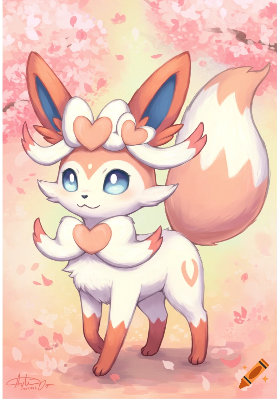 A cute pastel pink, white, and orange fox-like Pokemon with heart markings and blue eyes stands in cherry blossoms, anime style.