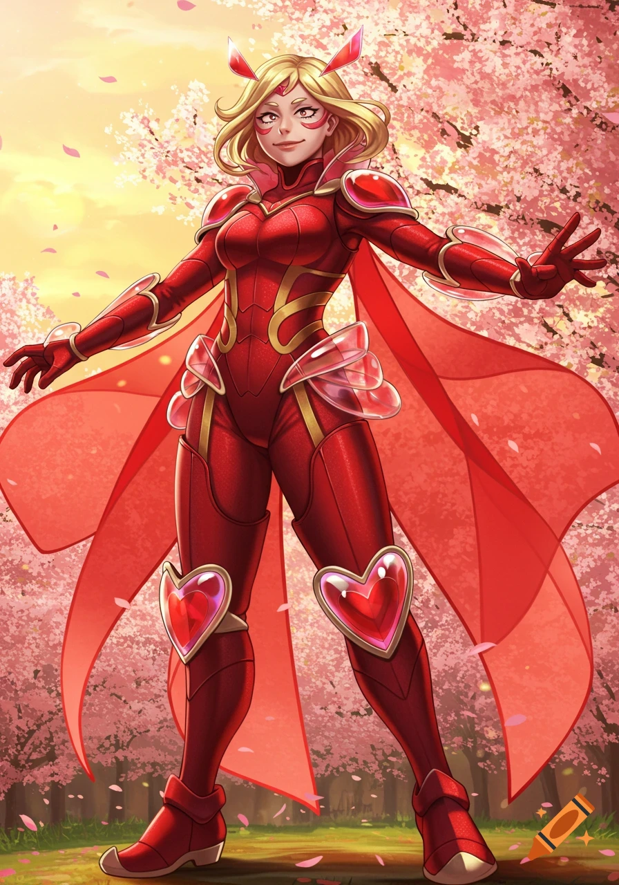 Smiling anime superhero in a red and gold suit with heart motifs and a cape, standing in a cherry blossom forest.
