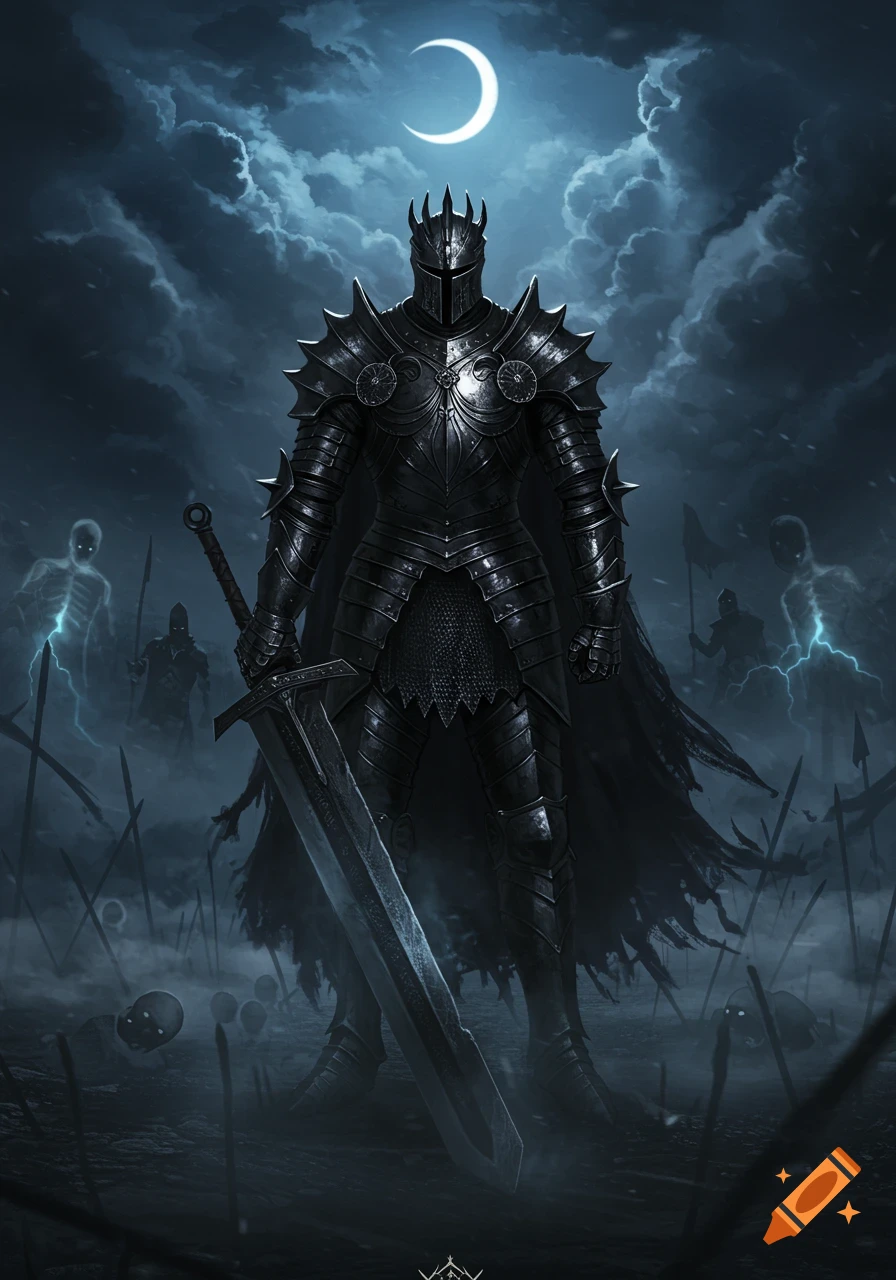 Menacing black knight with a gleaming broadsword stands on a dark battlefield under a crescent moon, ghostly figures in the background.