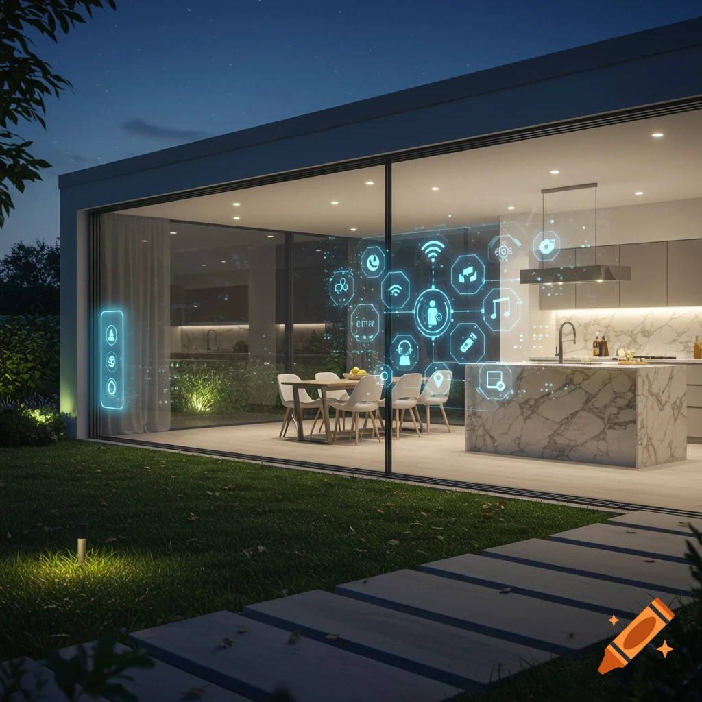 Modern house at night with illuminated kitchen, dining area, and glowing smart home interface visible through glass walls, with a grassy yard and path outside. Photorealistic.