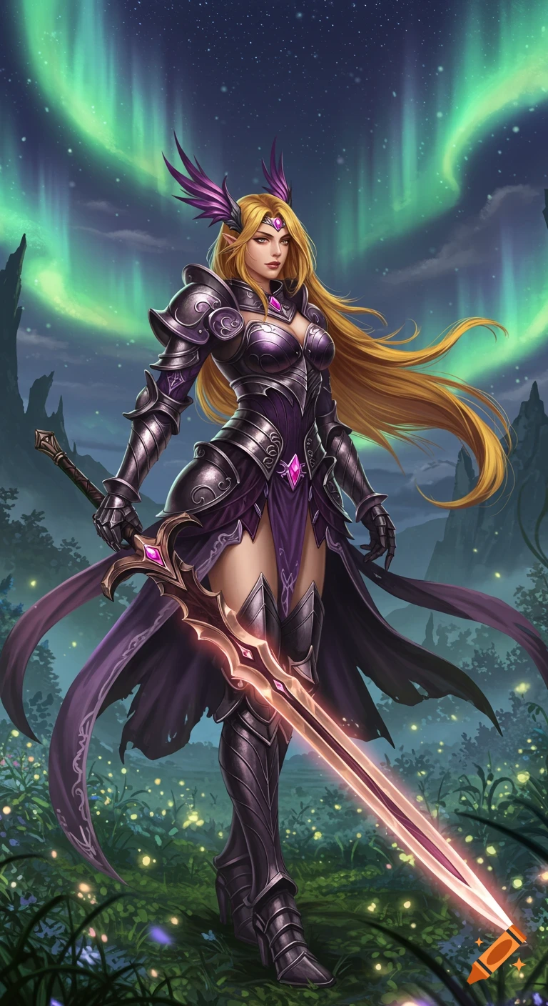 A blonde elf-like warrior in elaborate purple armor with a glowing sword stands in a magical forest under the northern lights.