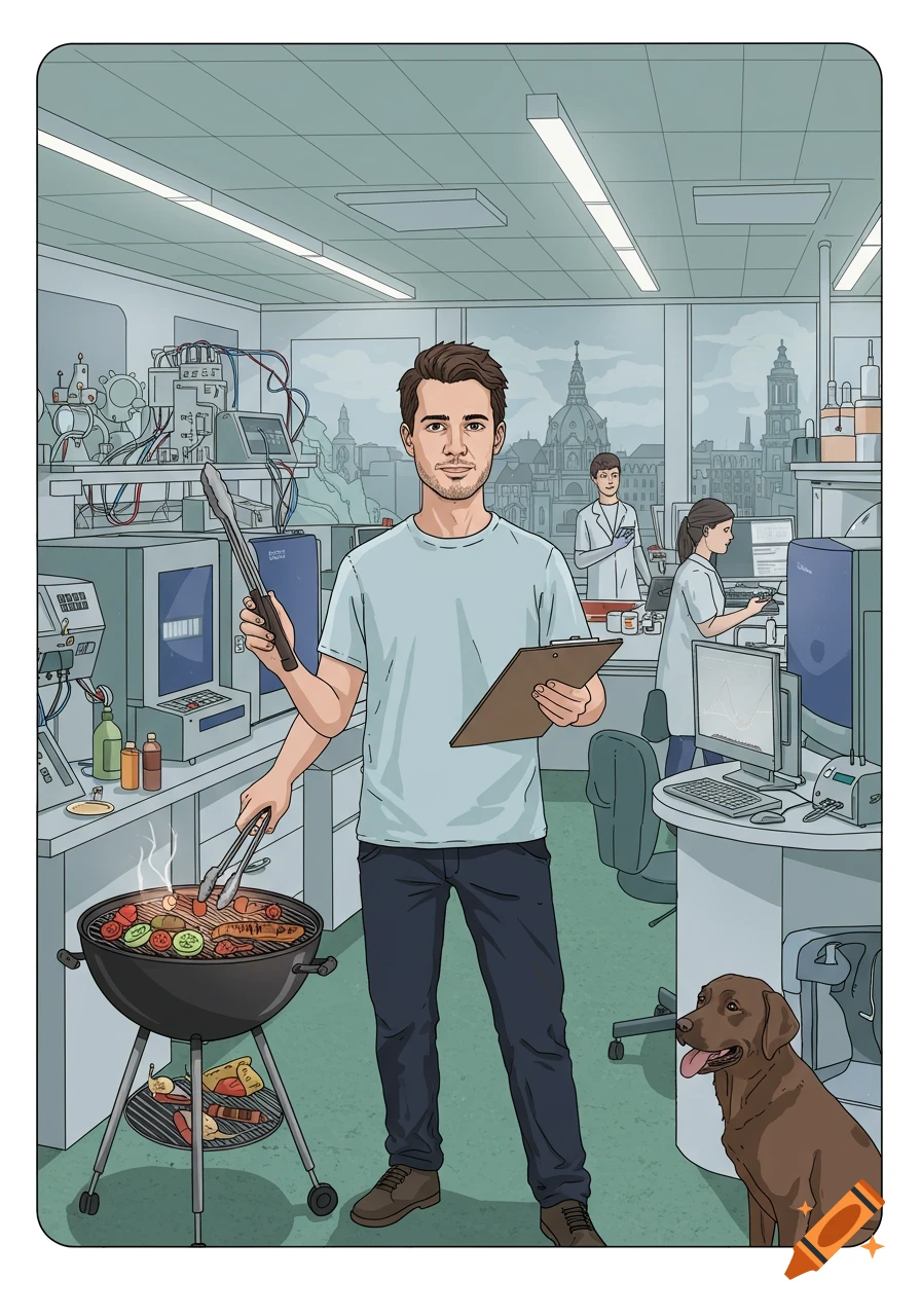 Stylish illustration of a man grilling in a lab, holding tongs and a clipboard, with colleagues, a dog, and a city view.