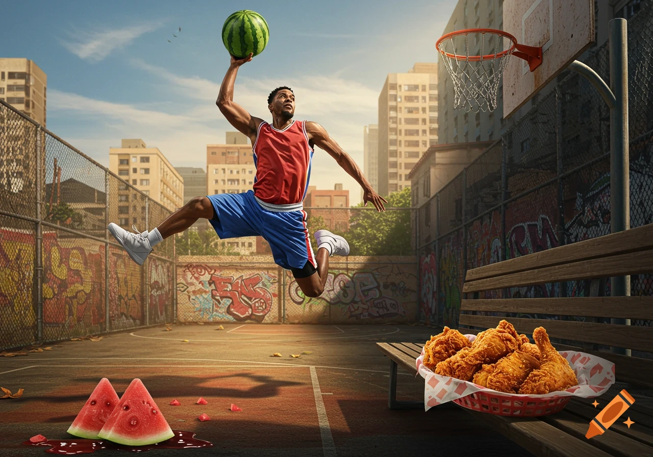 A photorealistic image of a basketball player mid-air, about to dunk a watermelon into a hoop on an urban court. Fried chicken and watermelon slices are on a bench and court nearby.