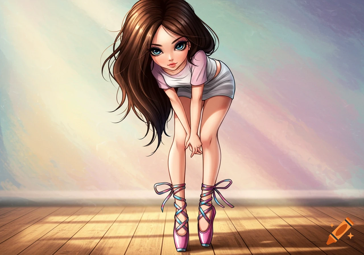 An anime girl with long brown hair and blue eyes, wearing a pink and white top, grey shorts, and pink ballet pointe shoes with colorful ribbons, bending forward on a wooden floor.