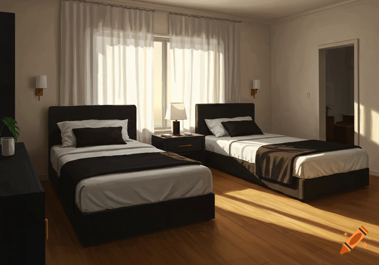 A clean hotel room with two beds, white and black bedding, a nightstand with a lamp, and sunlit wooden floors.