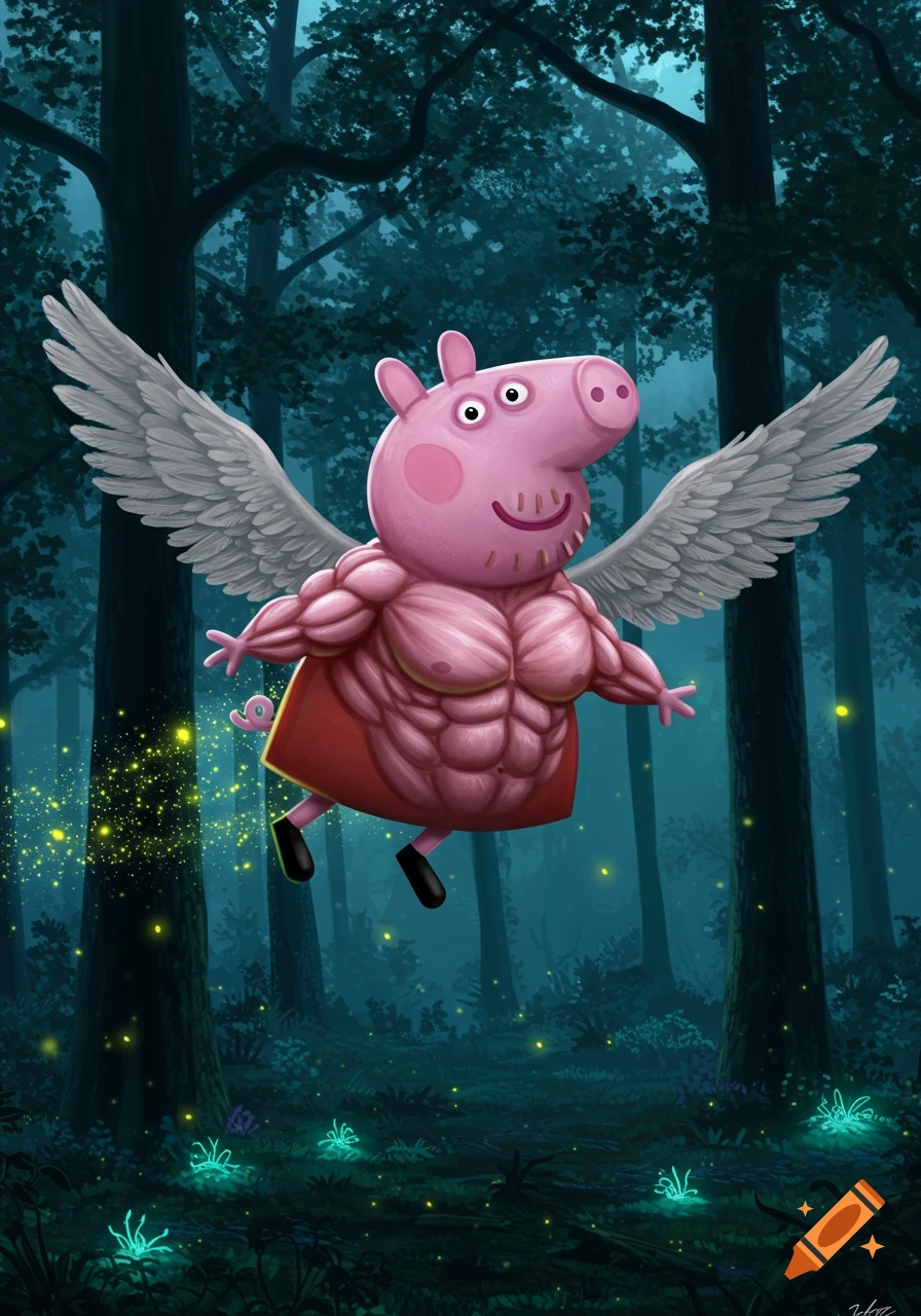Muscular, winged Peppa Pig floats through a dark, magical forest with glowing plants and fireflies, in a digital art style.