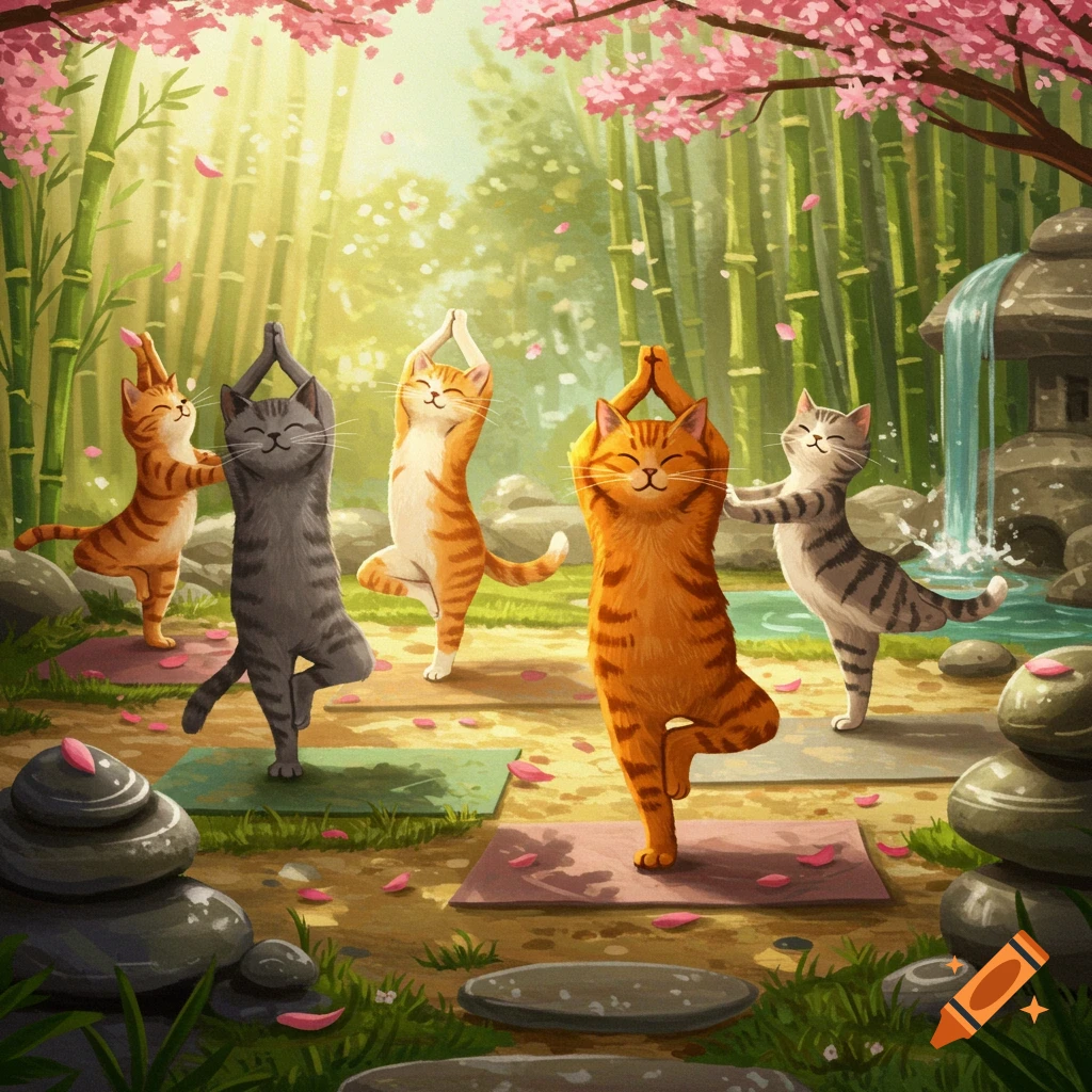 Five stylized cats doing yoga poses on mats in a serene bamboo forest with cherry blossoms and a waterfall.