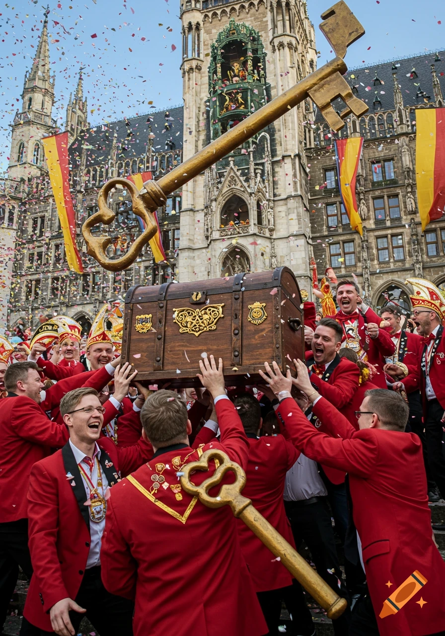 Men in red jackets joyfully carry a treasure chest and a giant golden key during a confetti-filled carnival parade in front of a historic city hall.