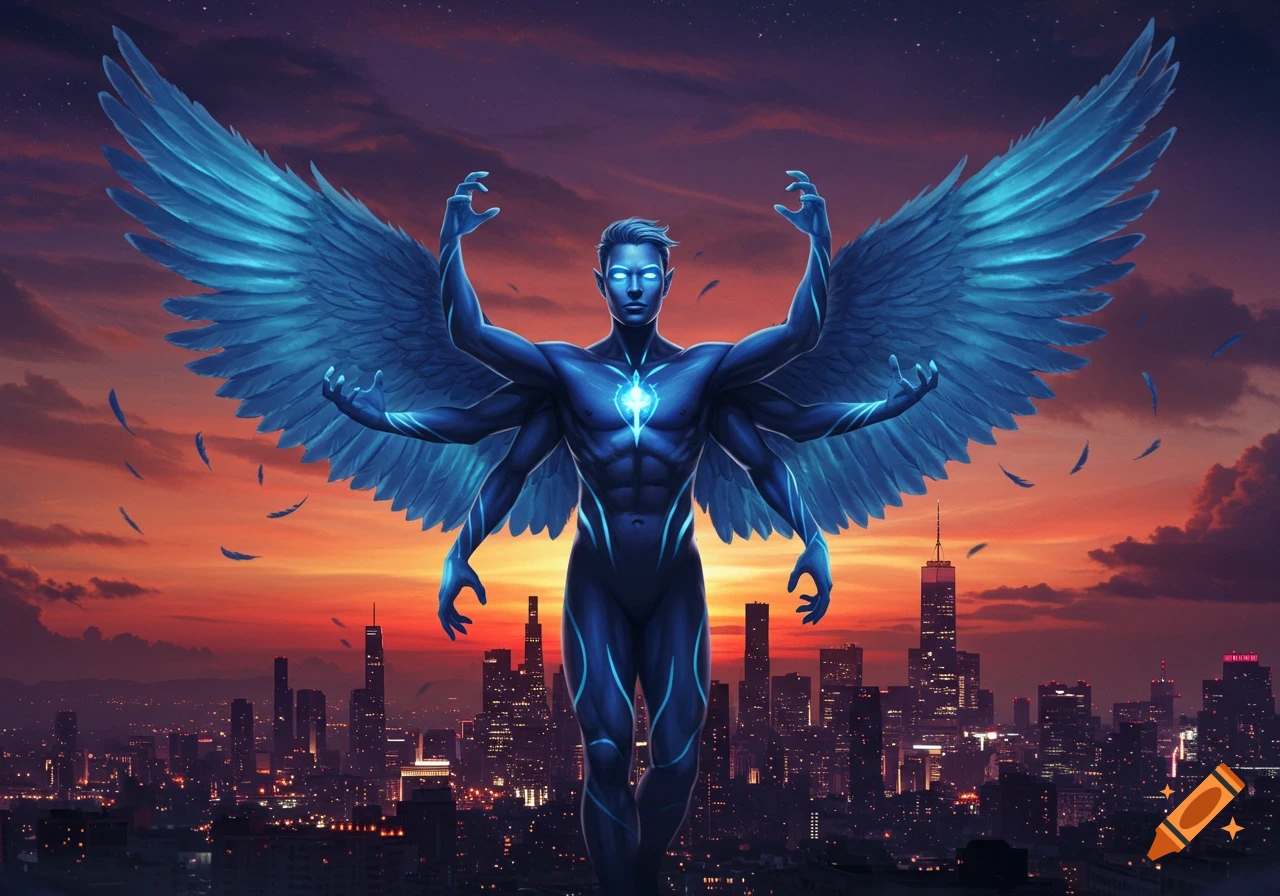 A blue-skinned superhero with large blue wings and multiple arms stands over a futuristic city skyline at sunset.