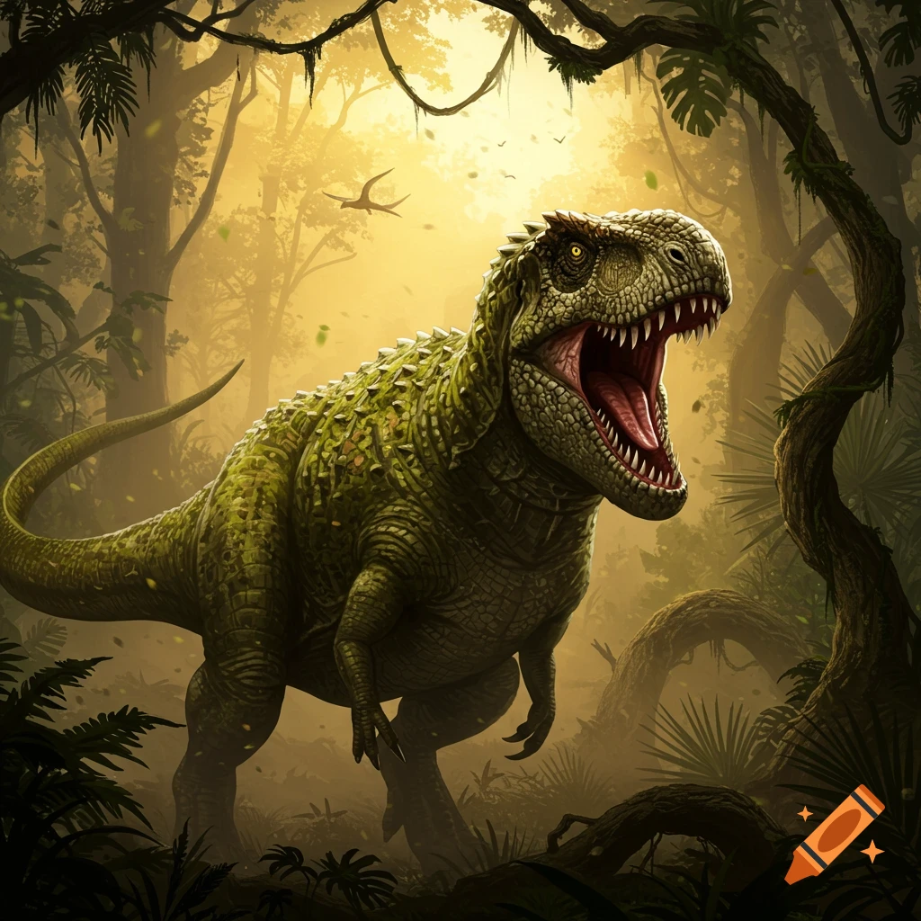 A fierce green dinosaur with an open mouth, facing left, stands in a lush, sunlit prehistoric jungle.
