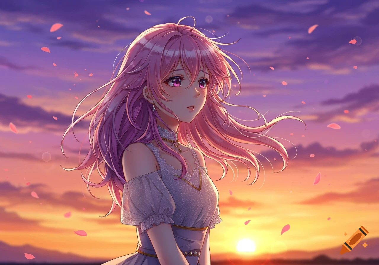 Anime girl with pink hair and purple eyes in a white dress, looking wistful at sunset with floating petals.