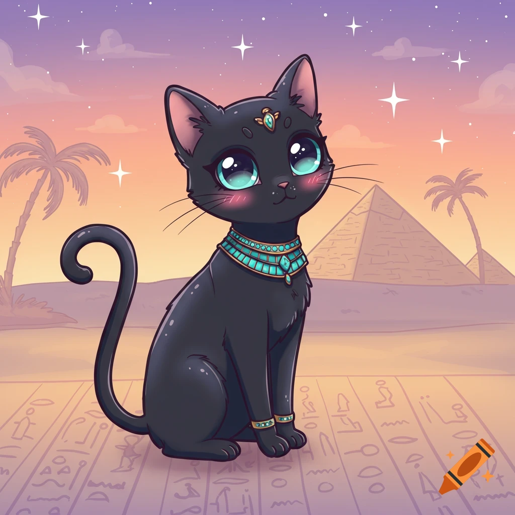 Kawaii black cat with large blue eyes and Egyptian jewelry, sitting in a desert with pyramids and palm trees at sunset.