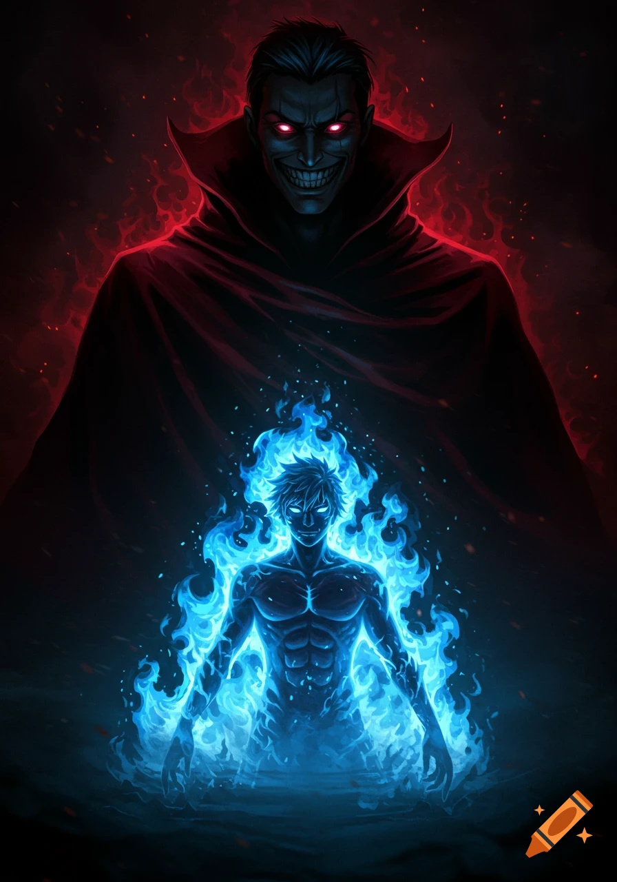A menacing man with red eyes and an evil smile in a red cape looms over a muscular anime figure engulfed in blue flames, dark fantasy art.
