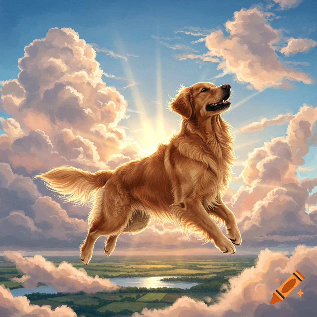 A happy golden retriever dog flying through fluffy clouds with a bright sunburst and a green landscape below, in an illustrative style.