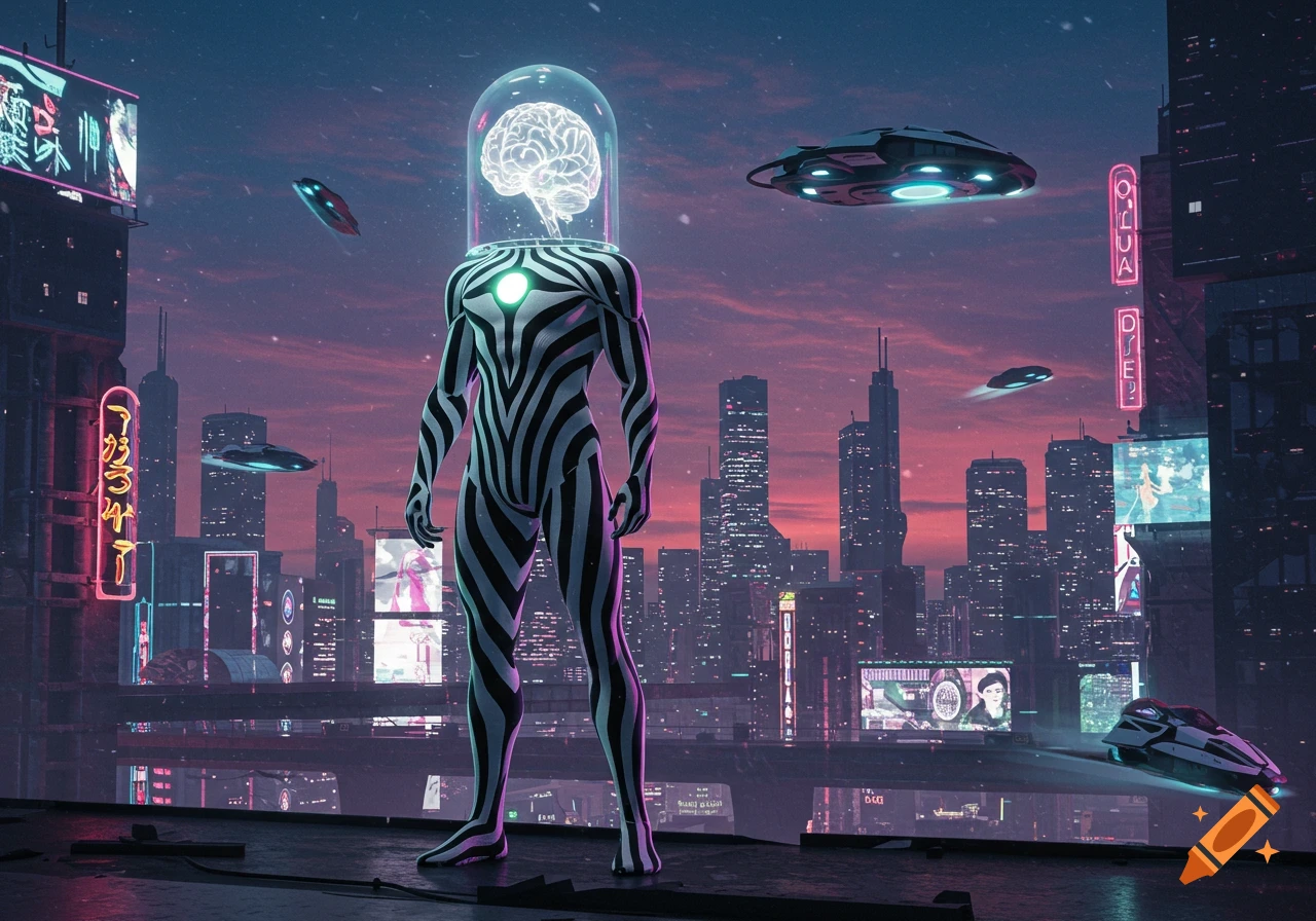 A humanoid figure with a brain in a glass dome and a black and white striped suit stands in a neon-lit futuristic city at dusk with flying vehicles.