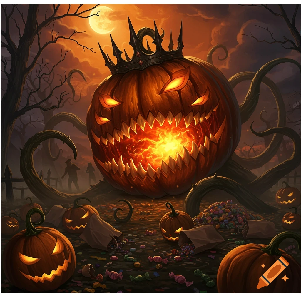 A giant evil jack-o'-lantern king with a crown, fiery mouth, and glowing eyes in a spooky Halloween forest with candy and smaller pumpkins on the ground.
