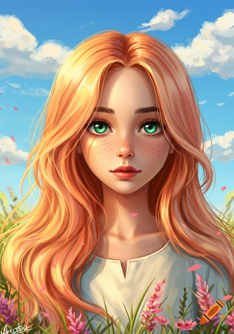 A digital painting of a girl with long peach hair, green eyes, and freckles, standing in a field of flowers under a blue sky.