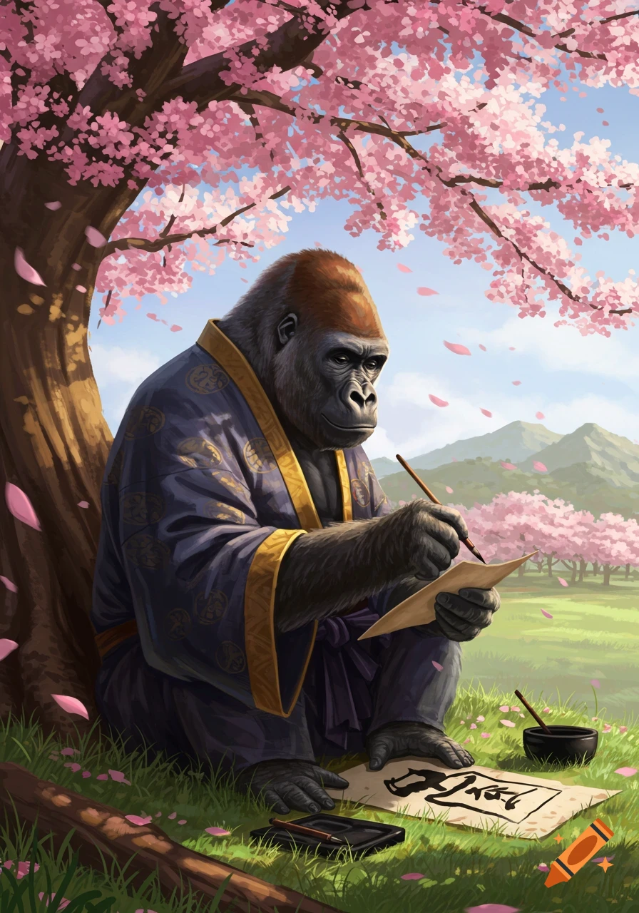 A majestic gorilla in a purple kimono sits under a pink cherry blossom tree, writing Japanese calligraphy in a vibrant illustration.