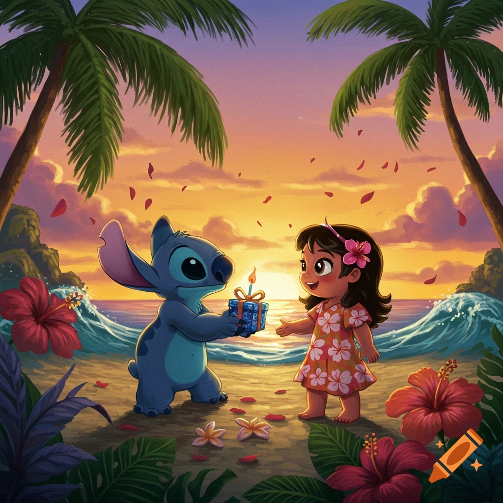 Stitch gives a small, lit gift to a smiling girl on a tropical beach at sunset with palm trees and flowers, cartoon style.