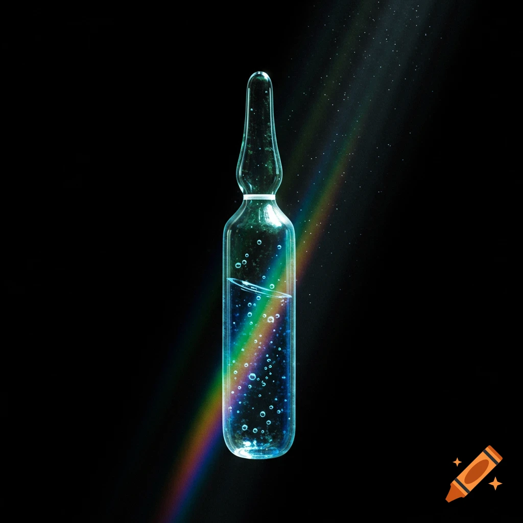 A clear glass ampoule filled with liquid and small bubbles, illuminated by a vibrant rainbow spectrum and light rays against a dark background.