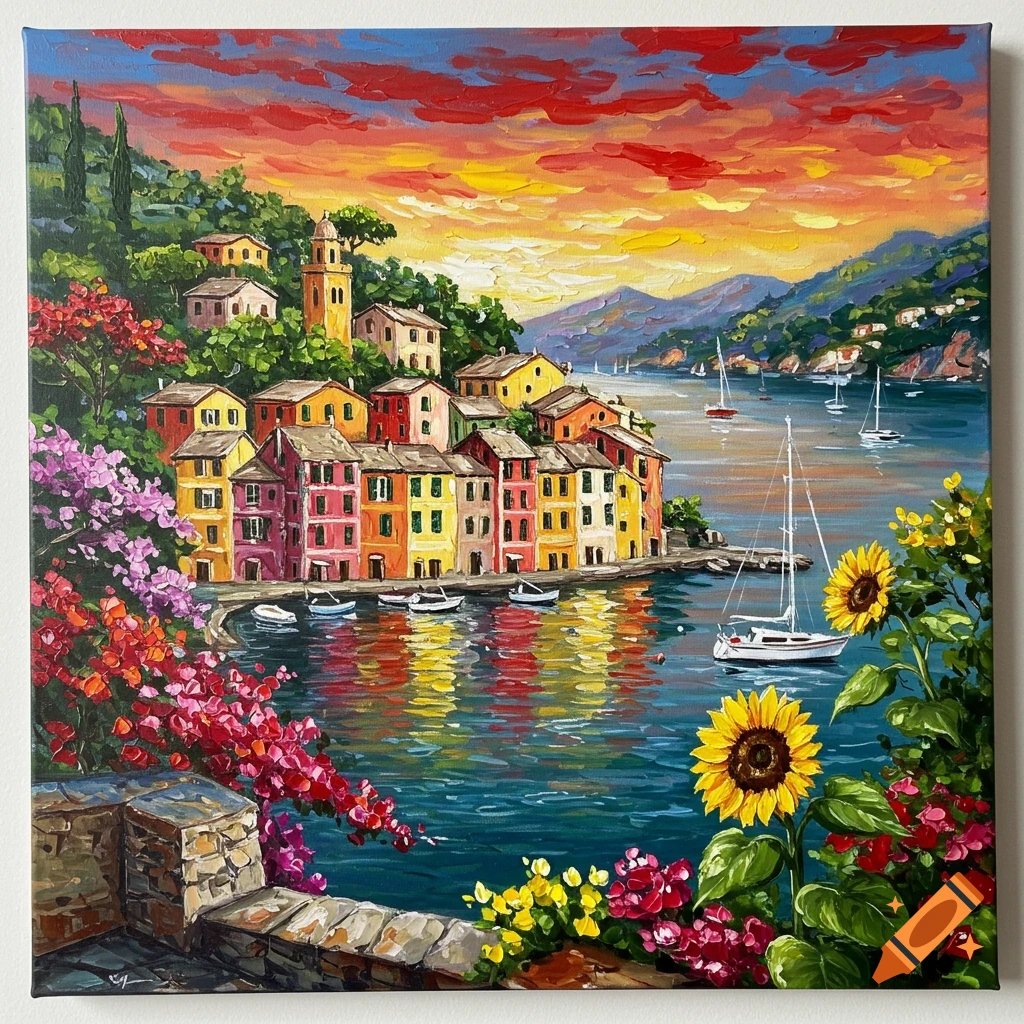 Vibrant impasto painting of a colorful coastal town with sailboats in a bay at sunset, framed by bright flowers.