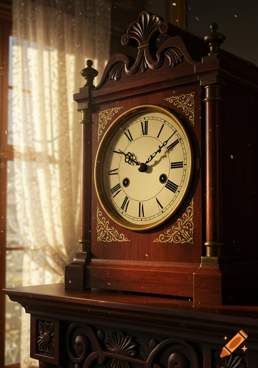 A detailed shot of an antique wooden mantel clock with Roman numerals, set to 7:00, bathed in warm sunlight from a window.