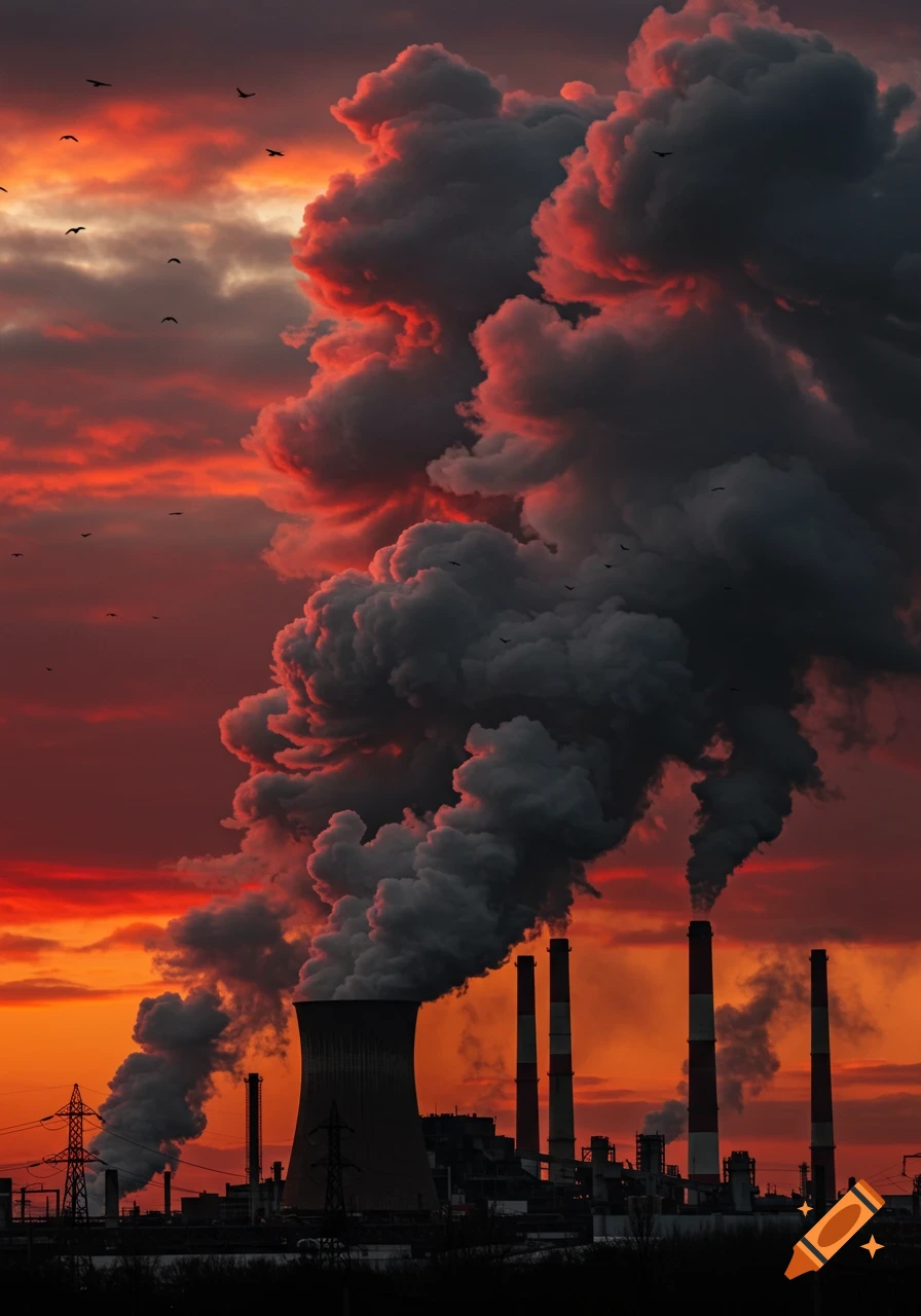 An industrial plant with a large cooling tower and smokestacks emits plumes of dark smoke against a vibrant orange and red sunset sky, with birds flying.