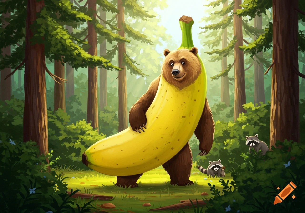 A cartoon grizzly bear with a banana peel as its body stands in a sunny forest with two raccoons.