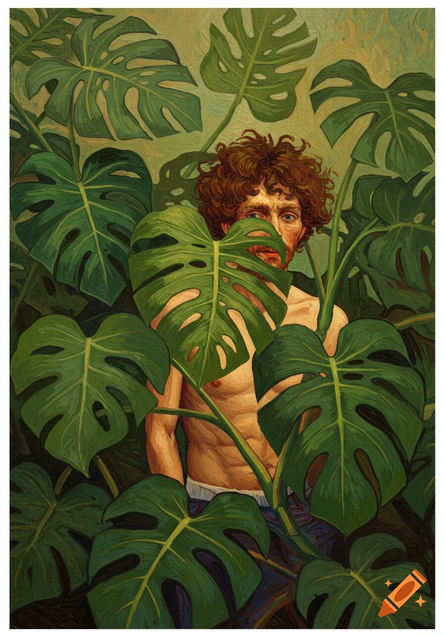 Van Gogh style painting of a curly-haired man peeking through large Monstera plant leaves.