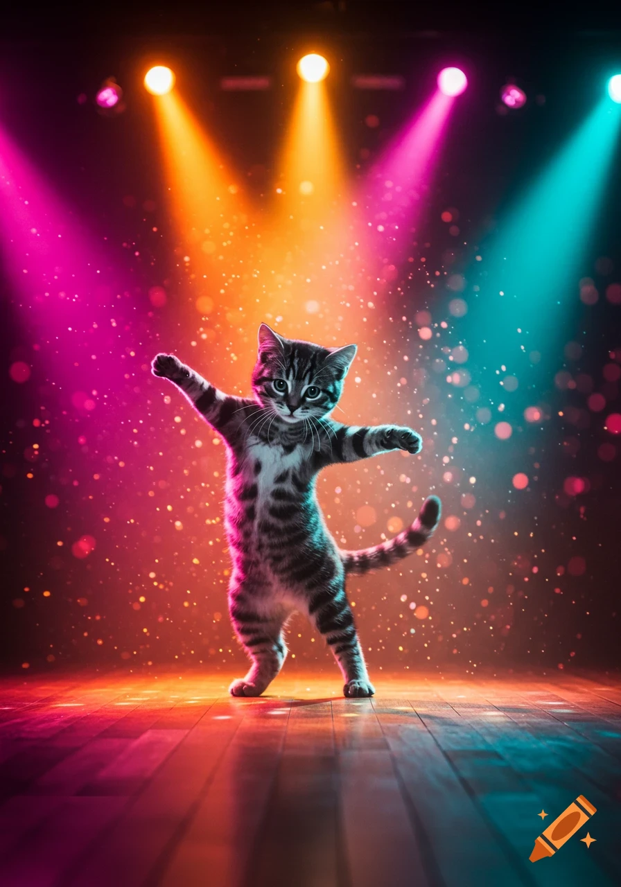 A tabby cat stands upright on a stage, appearing to dance under colorful spotlights and sparkling particles.