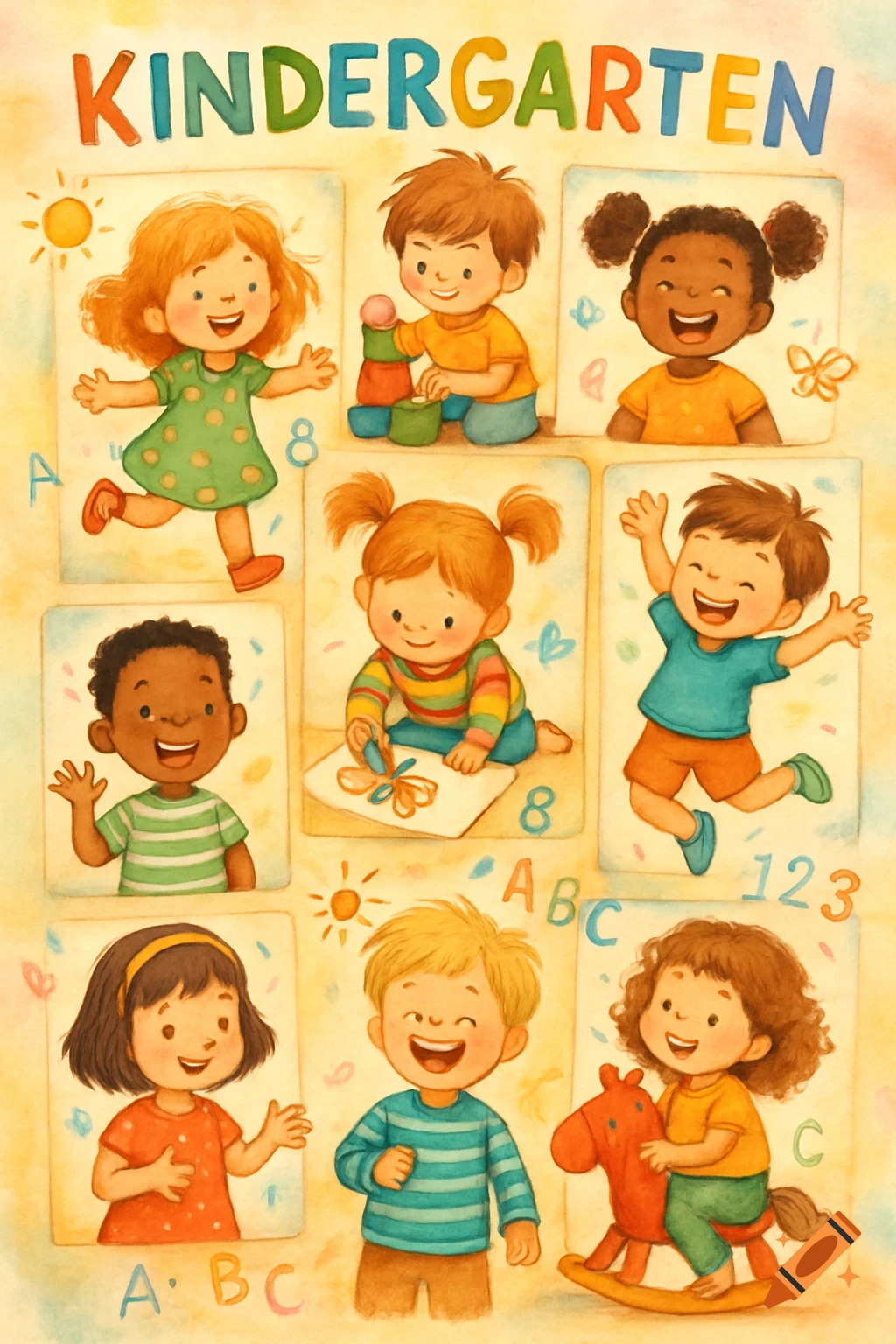 A watercolor illustration of diverse, happy kindergarten children playing and learning, with 'KINDERGARTEN' written at the top.