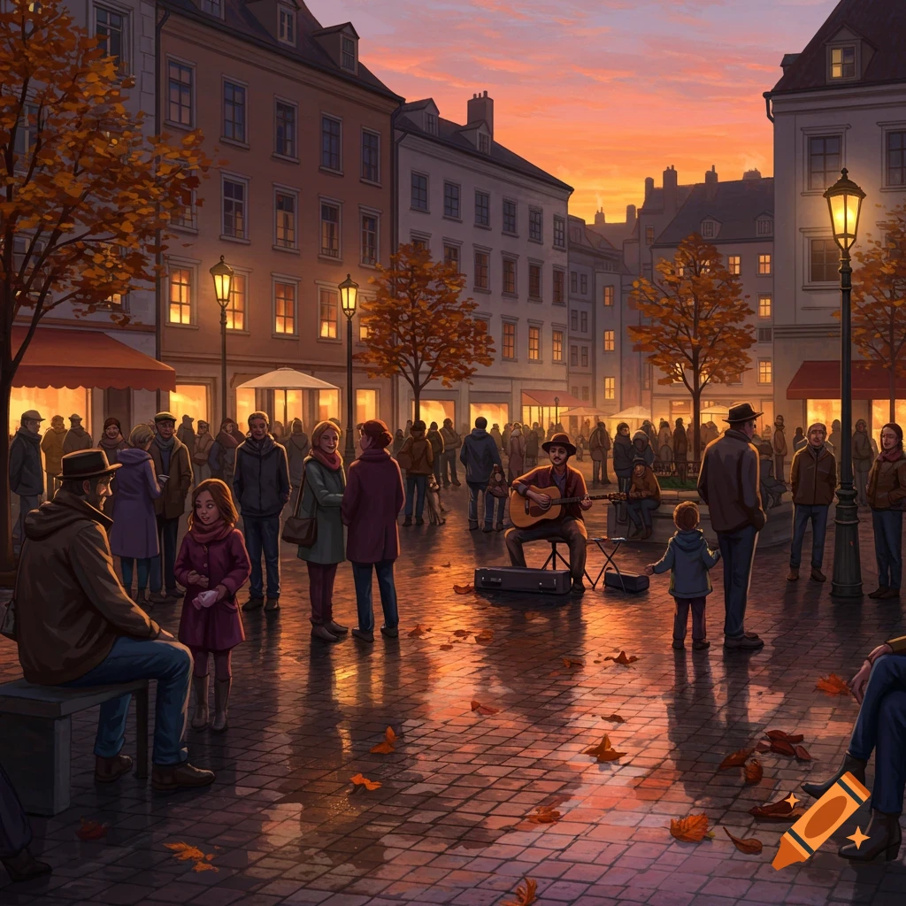 A stylized illustration of a busy city street at sunset in autumn, with people walking and a street musician playing guitar.
