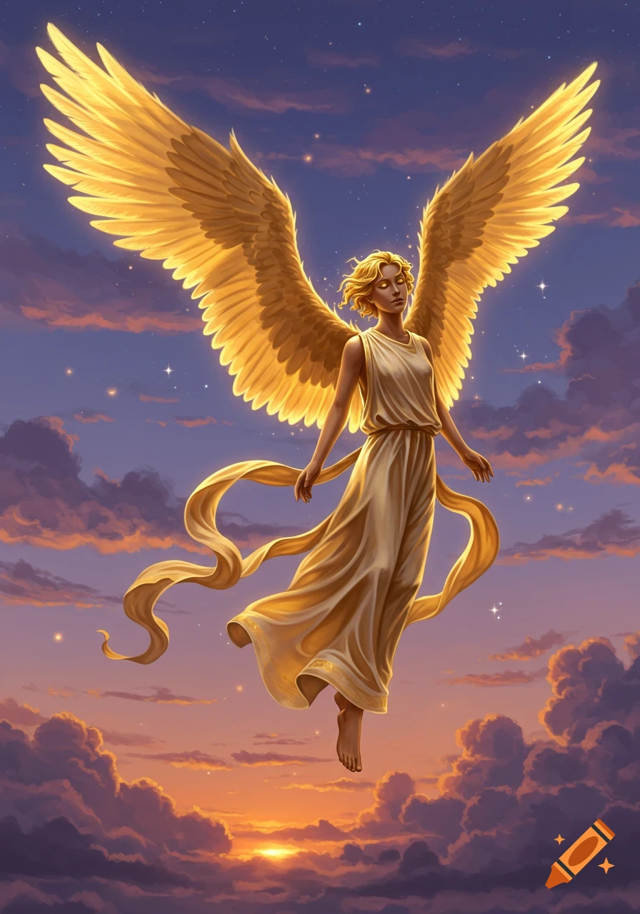A golden-winged angel in a flowing gown floats gracefully above clouds at sunset, with a serene expression.