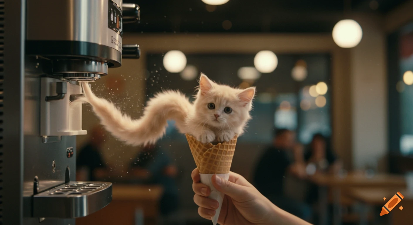 A fluffy, light-colored kitten emerges from a soft-serve machine into an ice cream cone held by a hand, in a cafe setting.