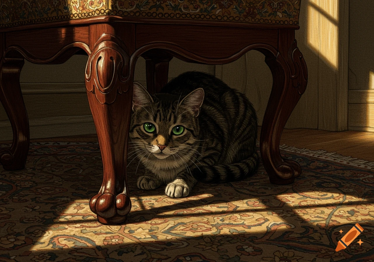 A tabby cat with bright green eyes peeks from under an ornate wooden chair, resting on a patterned rug in a sunlit room. Illustration style.