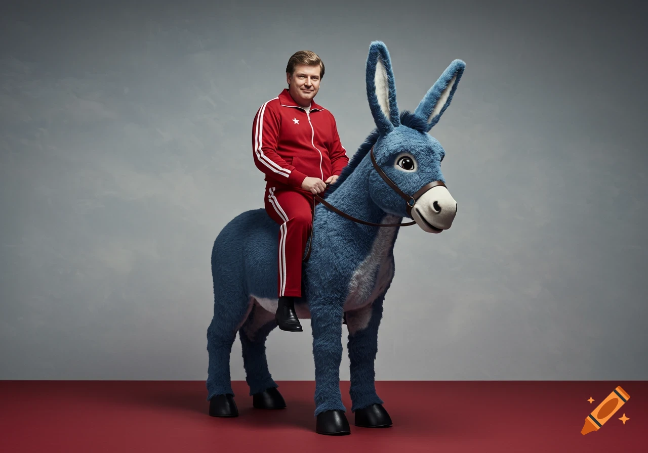 A man in a red tracksuit with a star emblem rides a blue donkey mascot, set against a two-tone gray and red background in a studio photo.