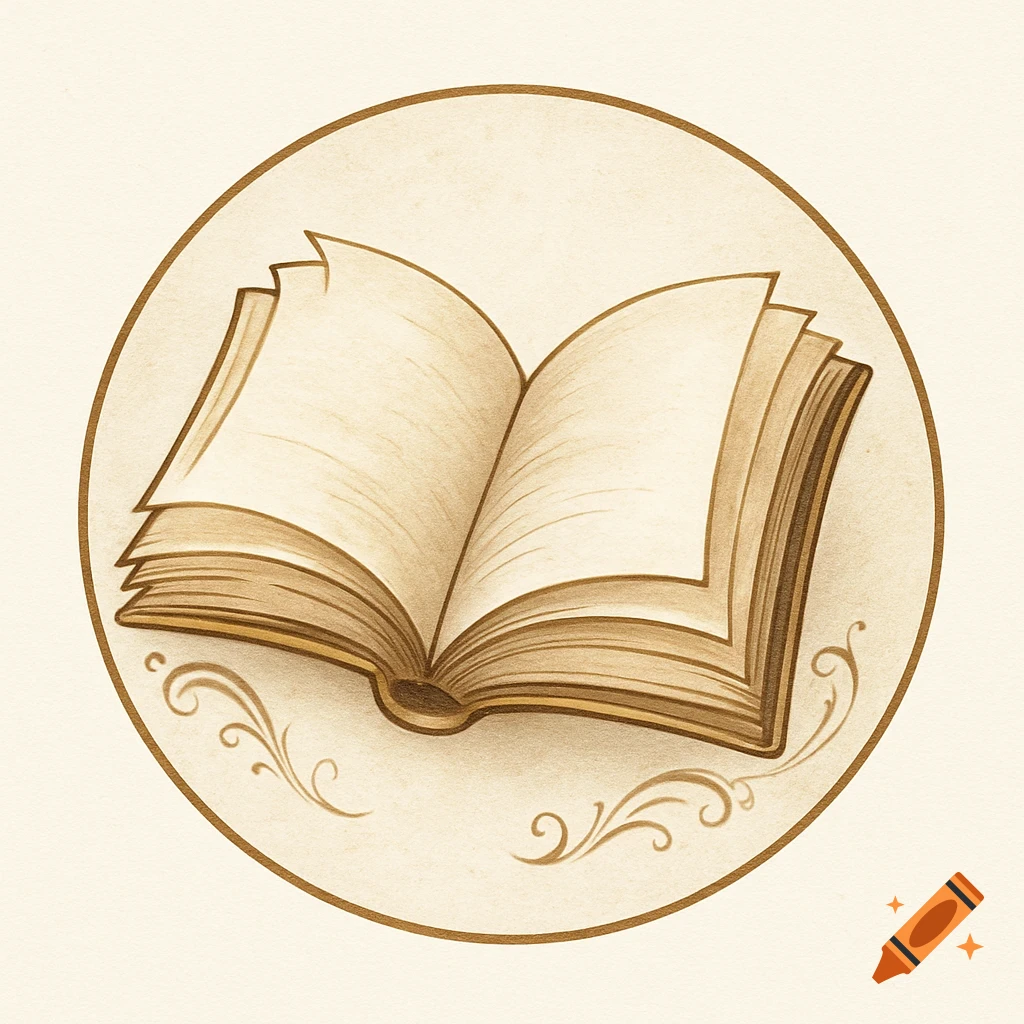 An open book with blank pages in a vintage-style illustration, framed by a circular border with decorative flourishes.