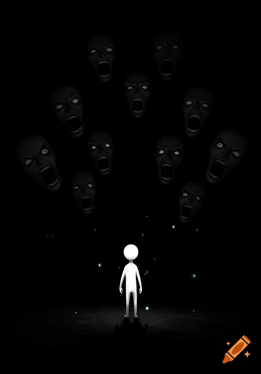 A white stick figure stands in darkness, surrounded by many disembodied, screaming, dark faces with glowing eyes.