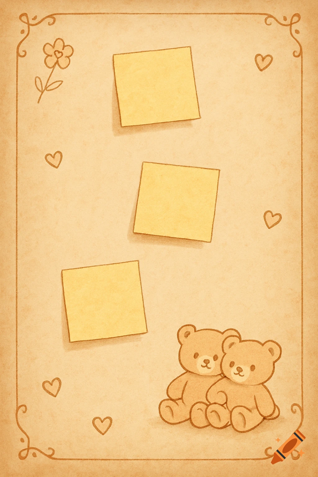 A parchment-style background with three blank yellow sticky notes, two cute teddy bears, hearts, and a flower illustration.