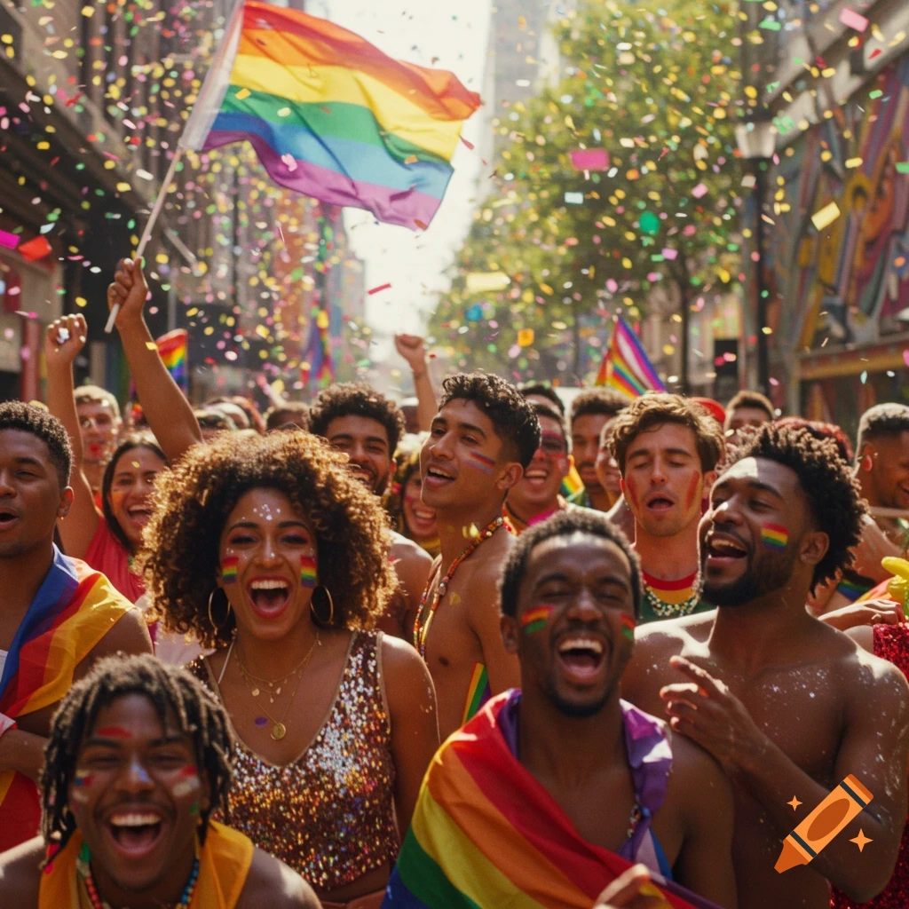 A diverse crowd of people celebrating at a vibrant outdoor parade, holding rainbow flags and covered in confetti.