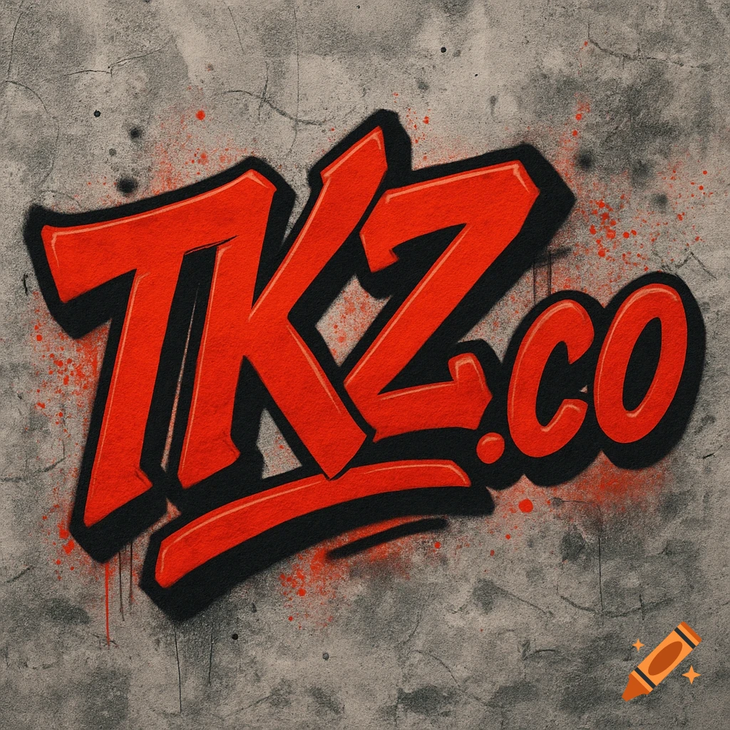 Red graffiti text "TKZ.co" with black outline on a textured concrete wall, featuring splatters and drips.