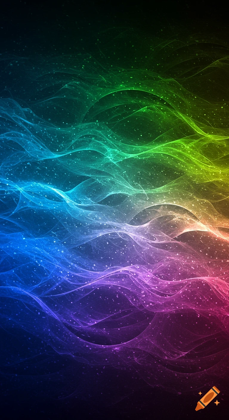Abstract background with glowing, translucent waves in rainbow colors and scattered light specks on a dark gradient.