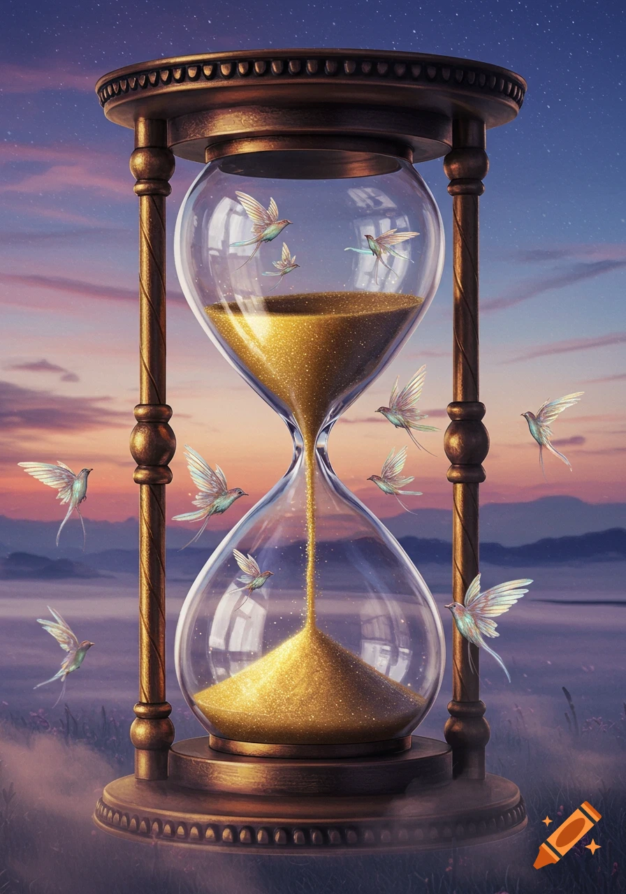An ornate brass hourglass filled with shimmering golden sand transforming into iridescent birds, against a purple and orange sunset.
