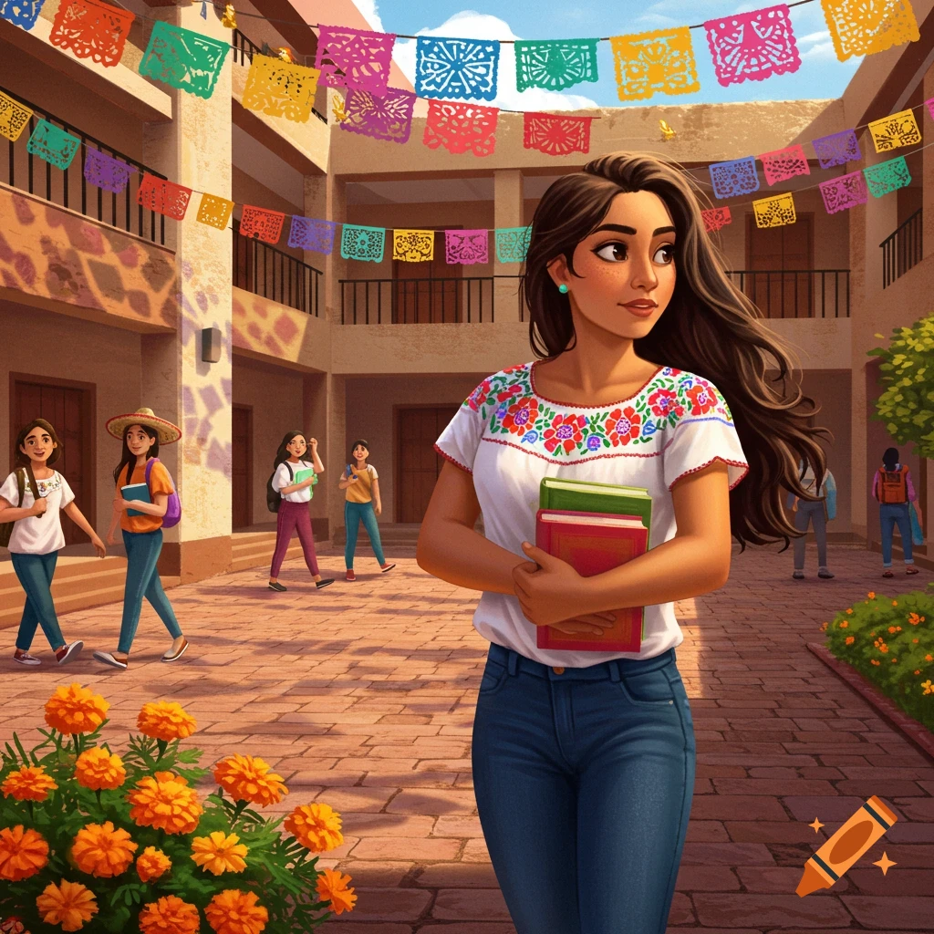 Illustration of a Mexican college student in an embroidered shirt holding books in a lively courtyard with papel picado banners.