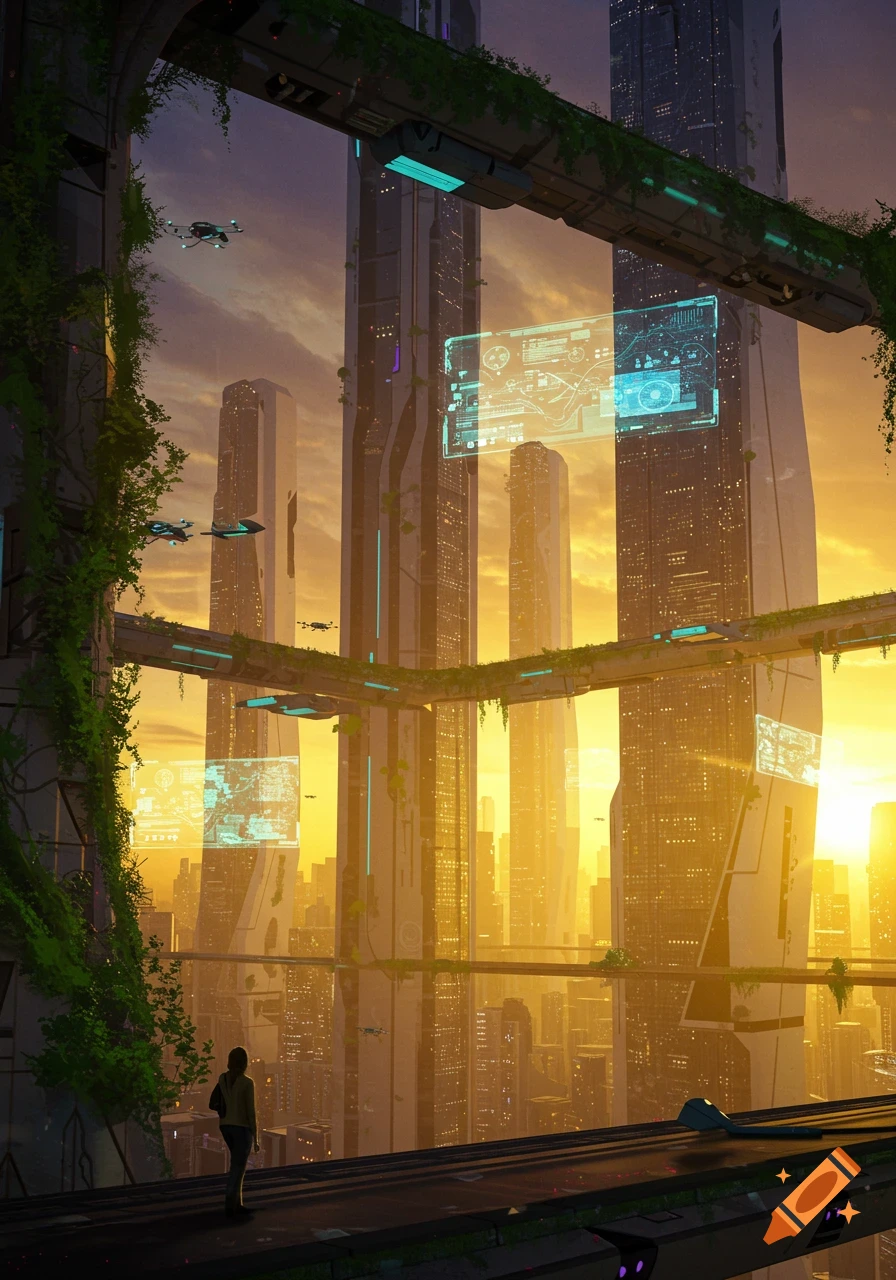 A person stands on a skybridge overlooking a vibrant, futuristic city at sunset, with towering skyscrapers, holographic displays, and drones.