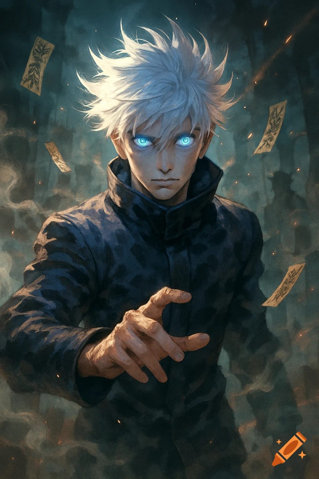 An anime character, Satoru Gojo, with spiky white hair and glowing blue eyes, points forward amidst floating talismans.