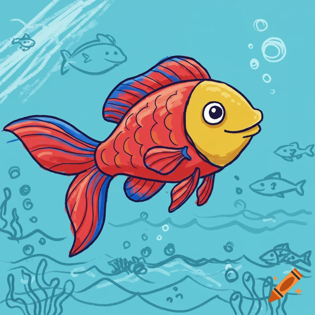 A vibrant, cartoonish red and yellow fish with blue fins swims in a blue ocean with other fish and seaweed, in a childlike drawing style.