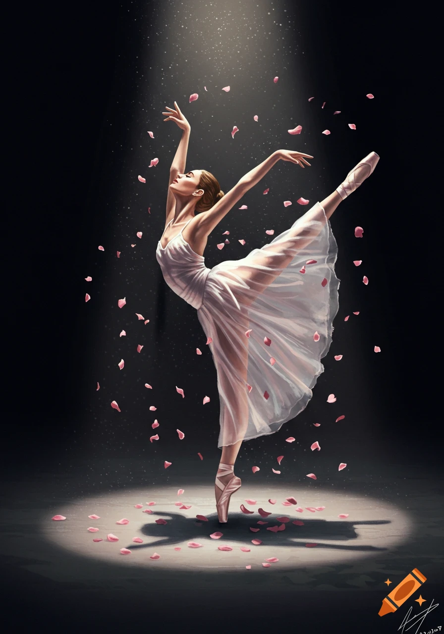 A ballerina in a white dress performs a pose on pointe under a spotlight with pink rose petals falling around her.