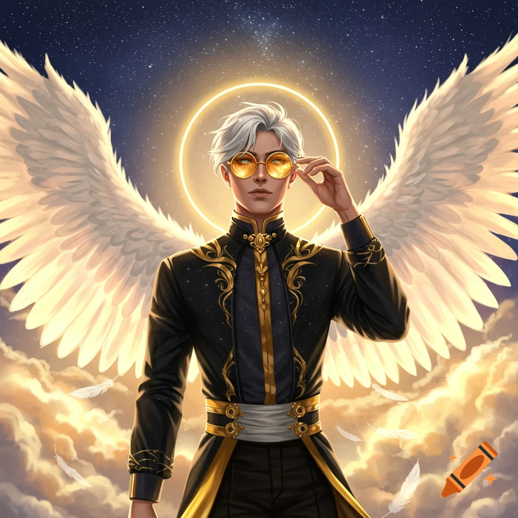A male character with white hair, golden sunglasses, and a black and gold suit, with large white wings and a halo, stands in the sky.